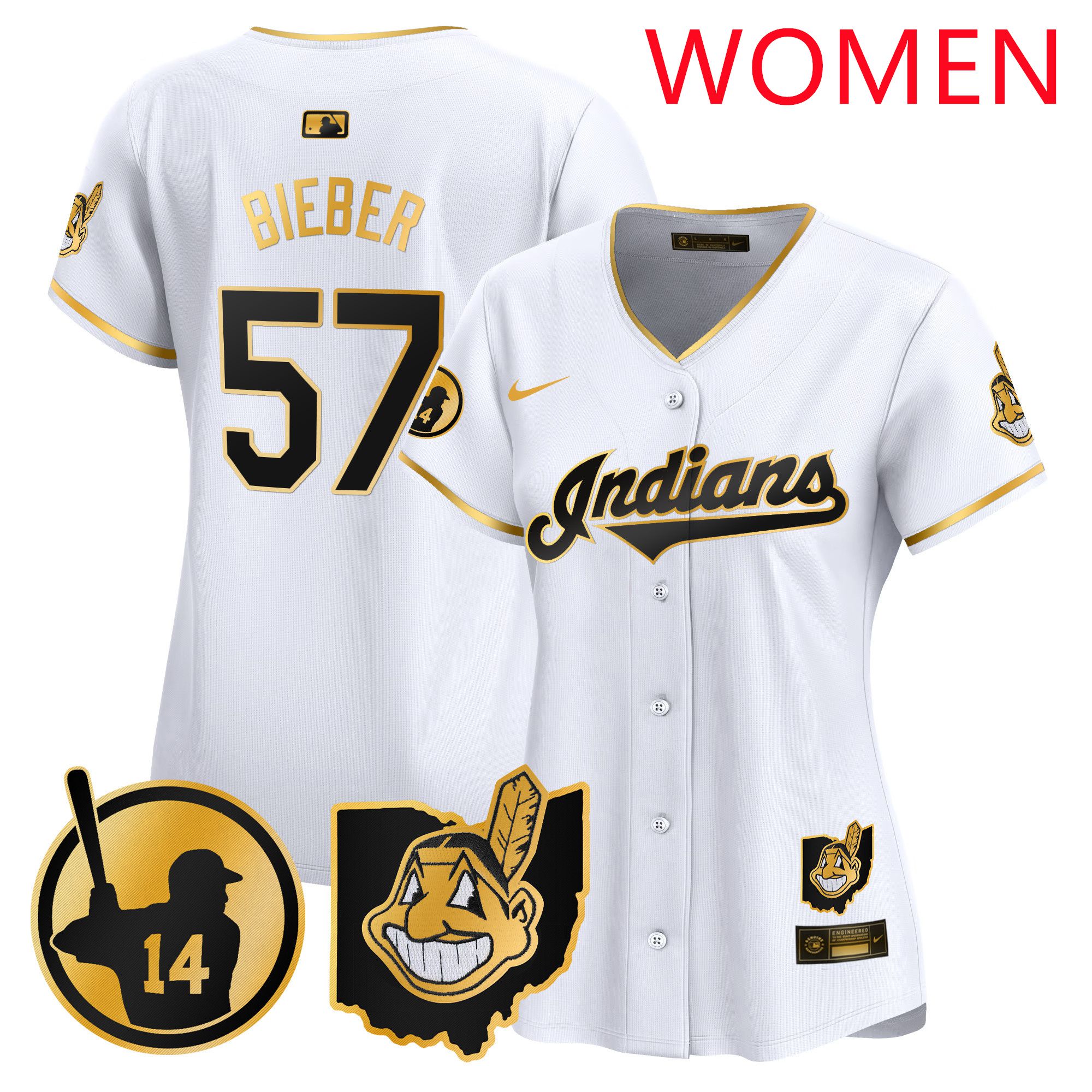 Women Cleveland Indians #57 Bieber White Nike 2025 Patch Vapor Premier Limited MLB Jersey